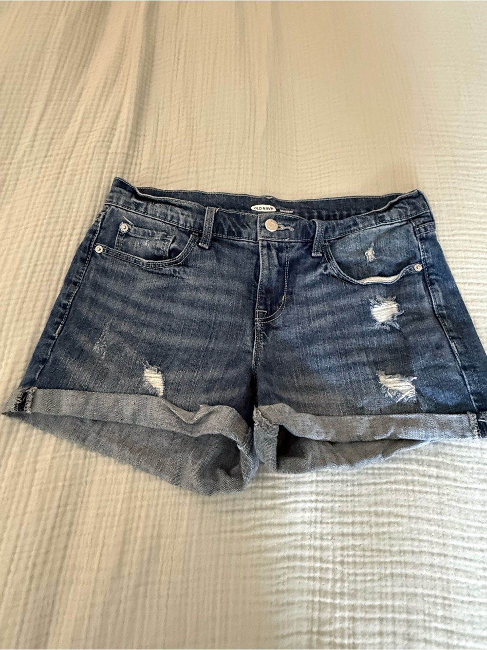 Old Navy High Rise Button Fly  Blue Distressed Rolled-Hem Denim Shorts